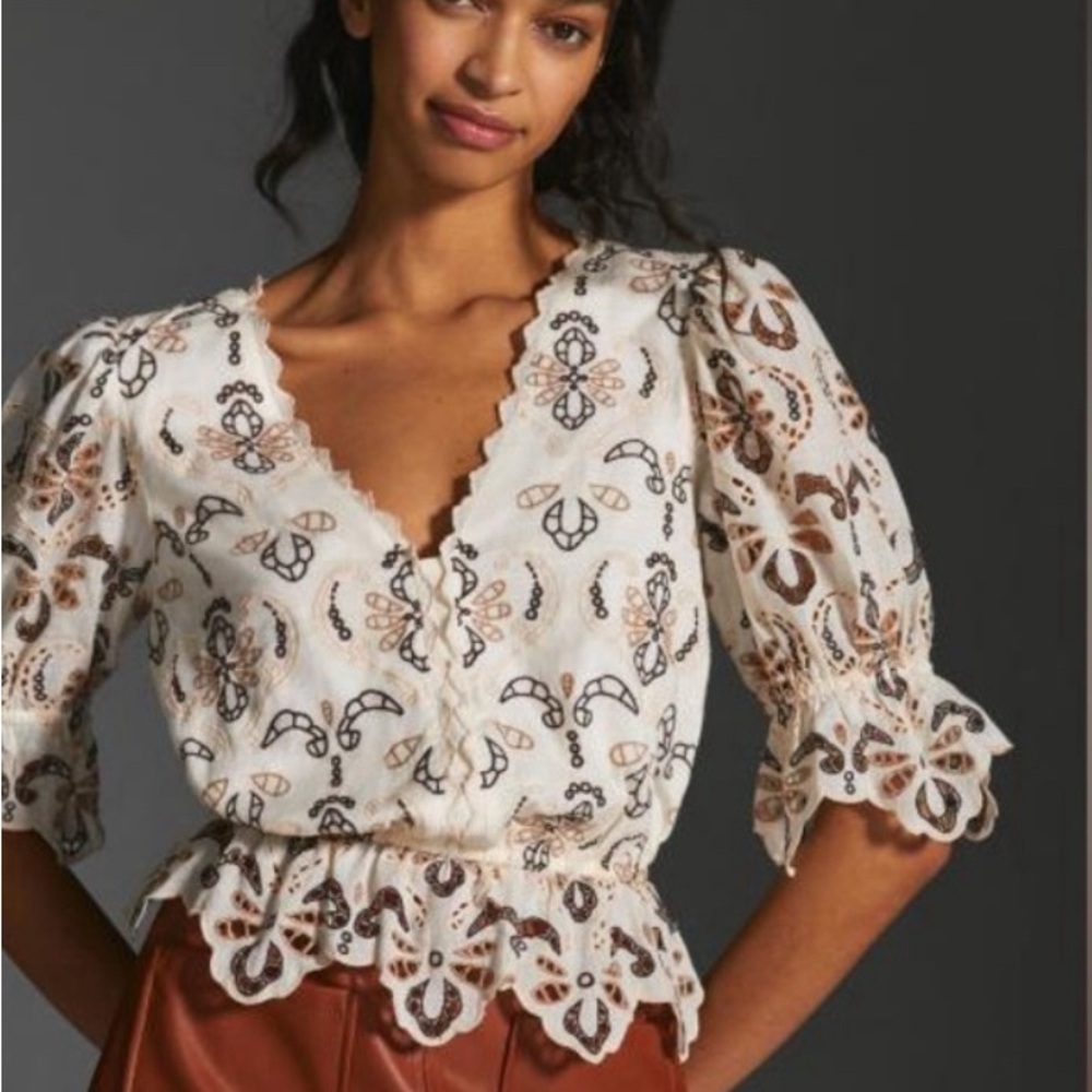Anthropologie White Eyelet Embroidered Peplum Blouse